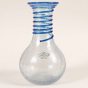 MCM Blenko Glass Decanter Vase Clear Crackle Cobalt Blue Coil Wrap 8” Vintage